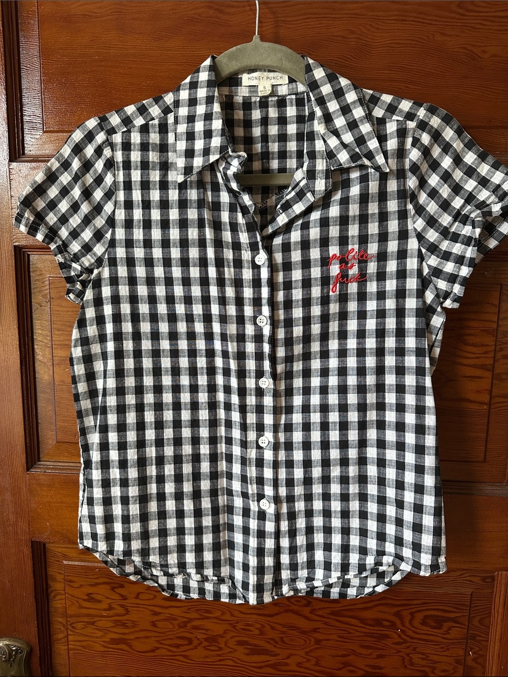 Honey Punch Black & White Gingham Shirt with Red Embroidered Accent